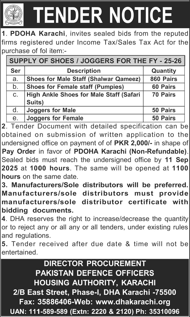 PDOHA Karachi Tender Notice